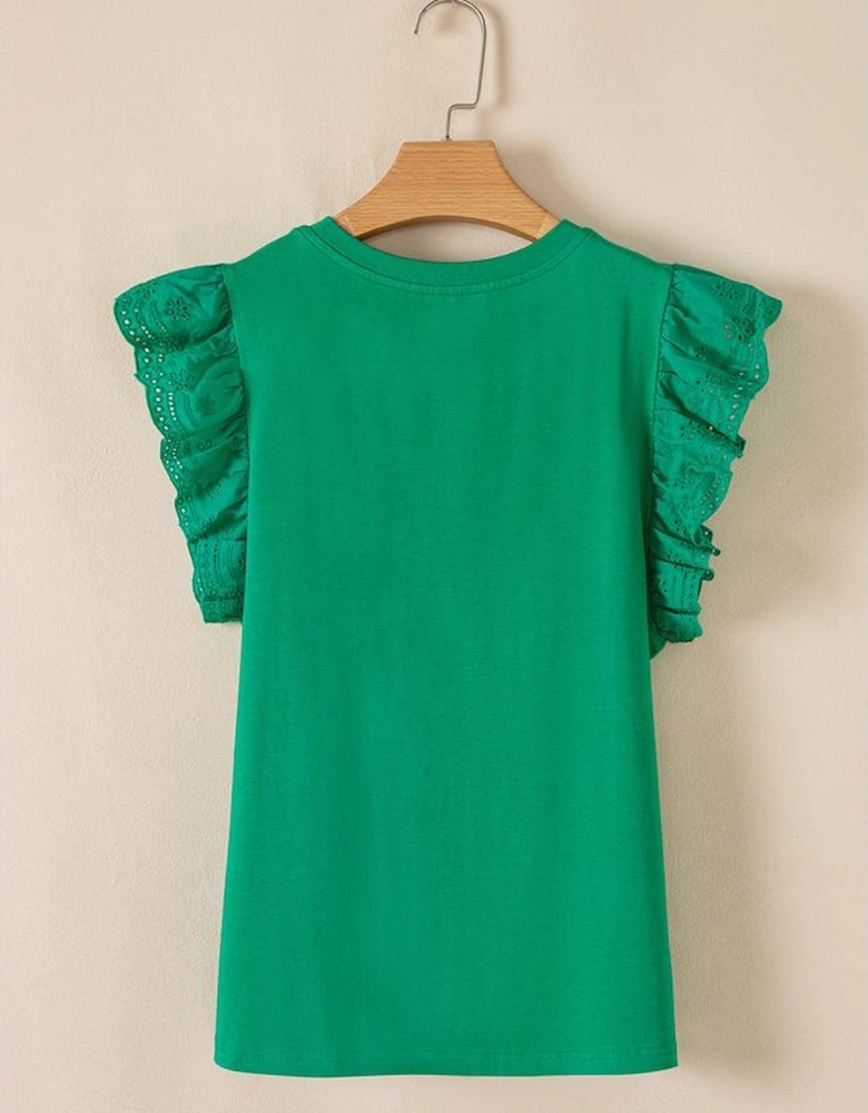 Dark Green Embroidered Ruffled Sleeve Slim Fit Crew Neck Top
