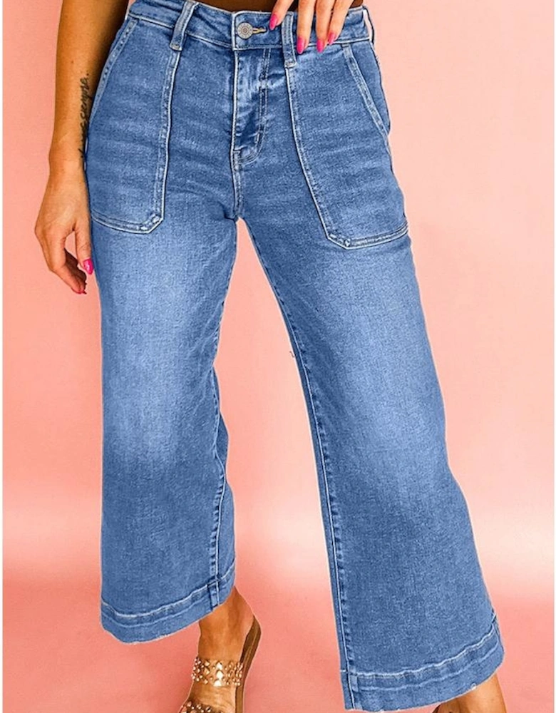 Sky Blue Cropped High Rise Wide Leg Jeans