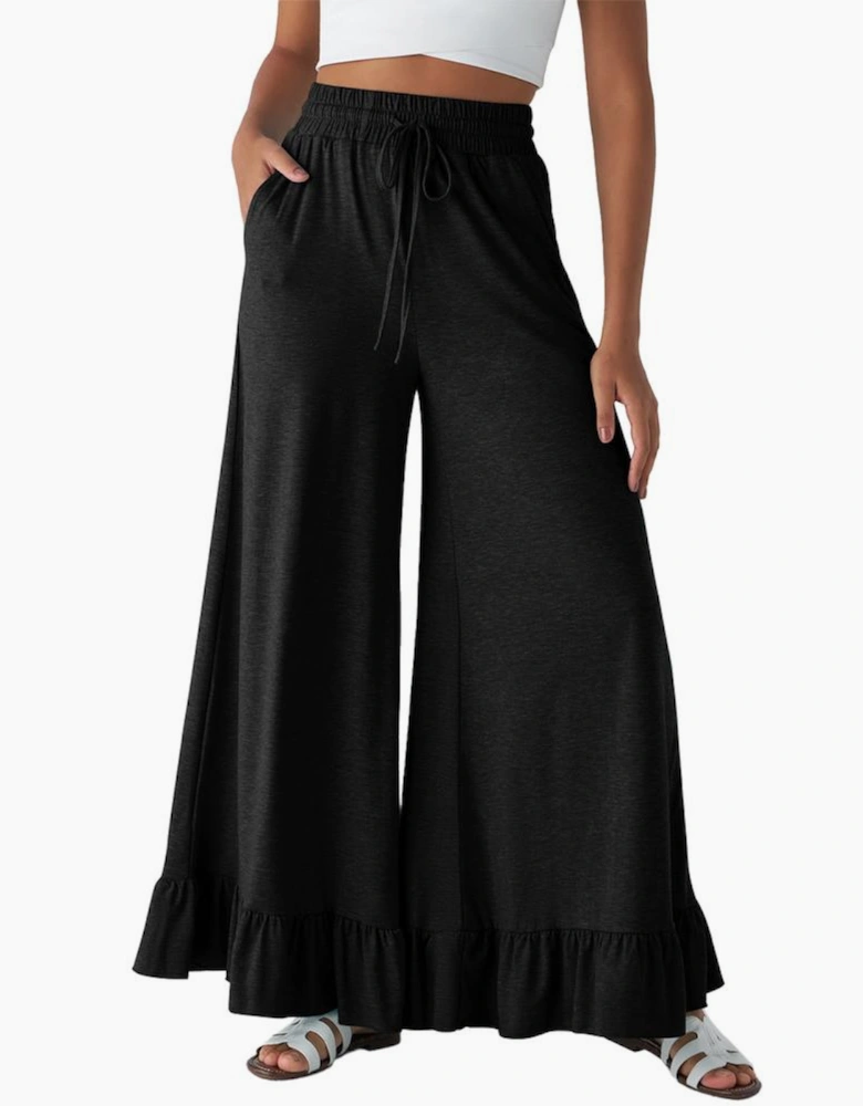 Black Ruffled Wide Leg Pull On High Waist Pants with Pockets