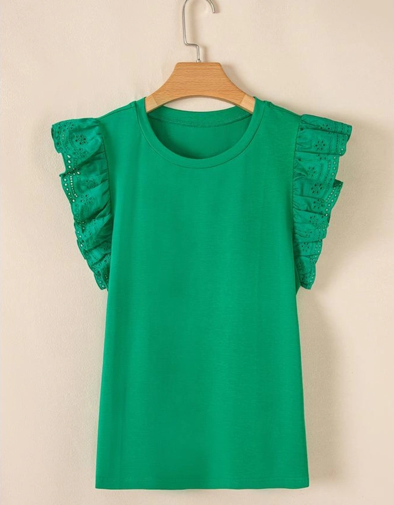Dark Green Embroidered Ruffled Sleeve Slim Fit Crew Neck Top