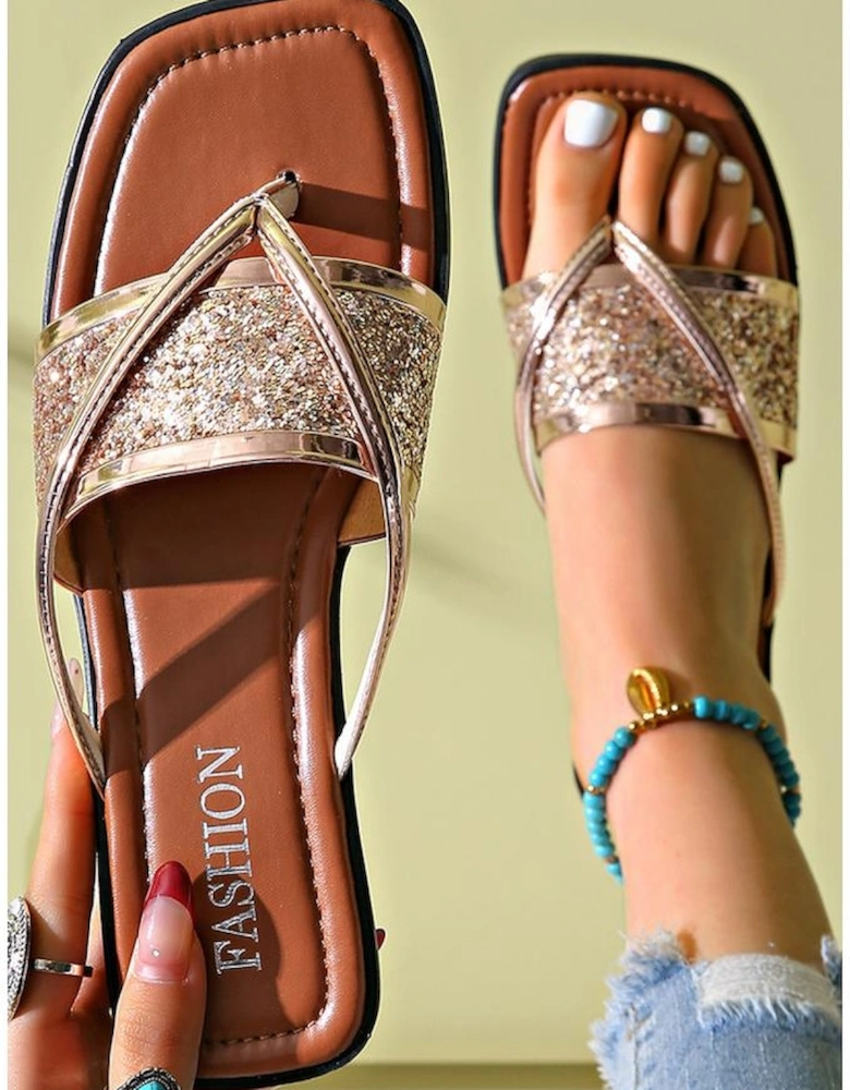 Gold Glitter Band Square Toe PU Leather Flat Slippers