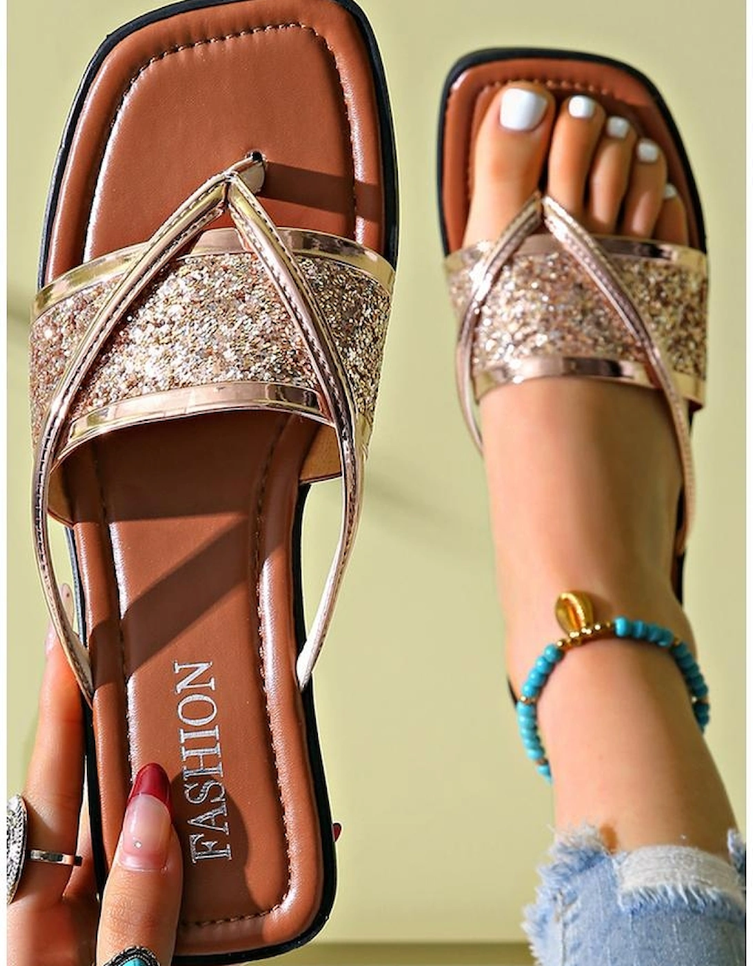 Gold Glitter Band Square Toe PU Leather Flat Slippers