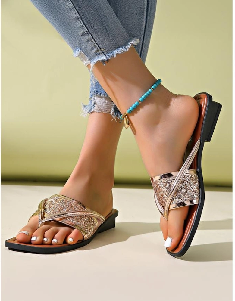 Gold Glitter Band Square Toe PU Leather Flat Slippers