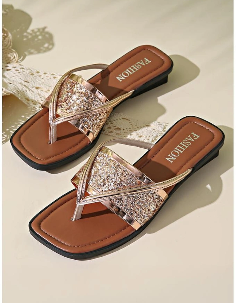 Gold Glitter Band Square Toe PU Leather Flat Slippers