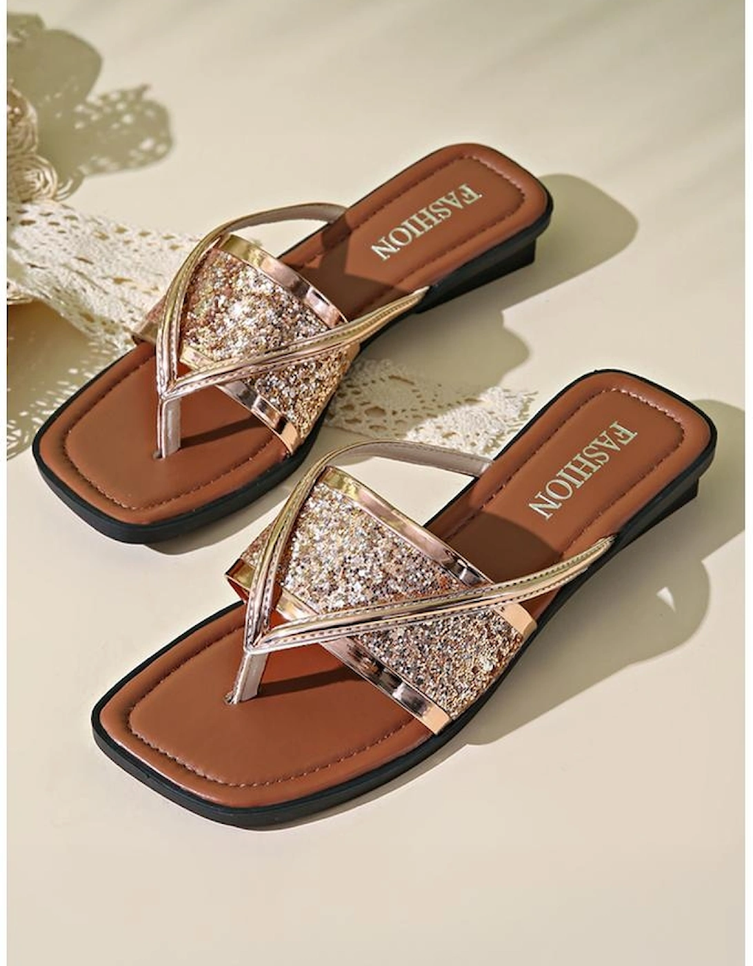 Gold Glitter Band Square Toe PU Leather Flat Slippers, 6 of 5