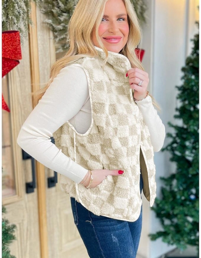 Khaki Sherpa Checkerboard Snap Button Vest Jacket With Pocket