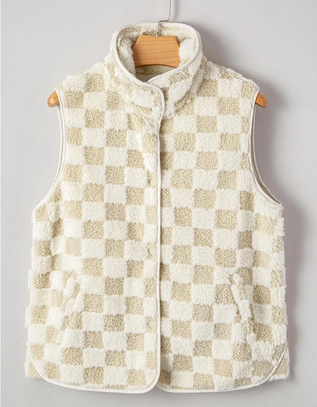 Khaki Sherpa Checkerboard Snap Button Vest Jacket With Pocket