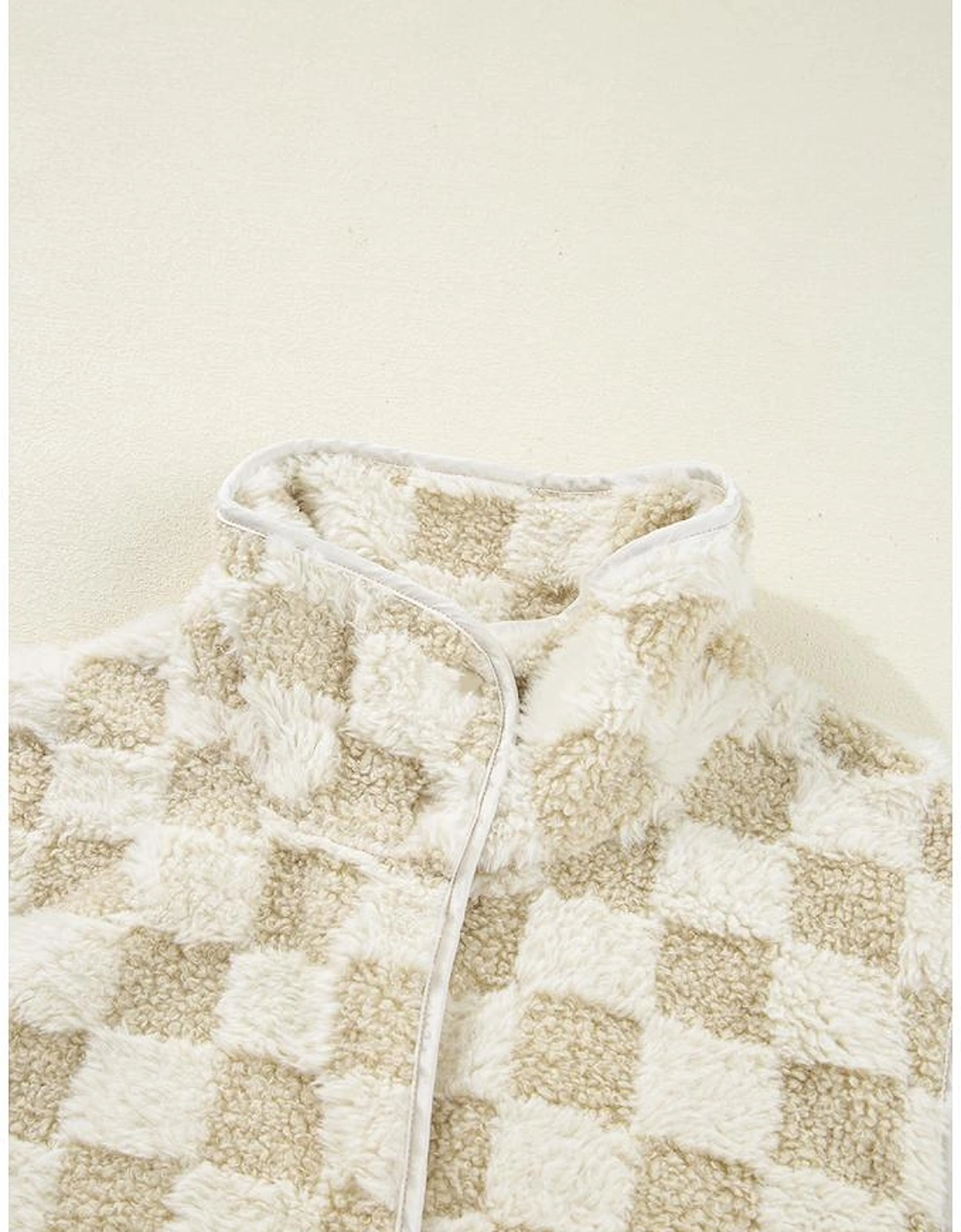 Khaki Sherpa Checkerboard Snap Button Vest Jacket With Pocket