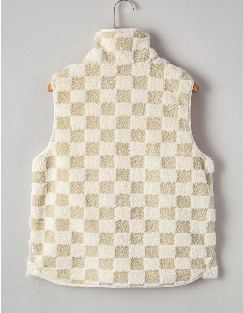 Khaki Sherpa Checkerboard Snap Button Vest Jacket With Pocket