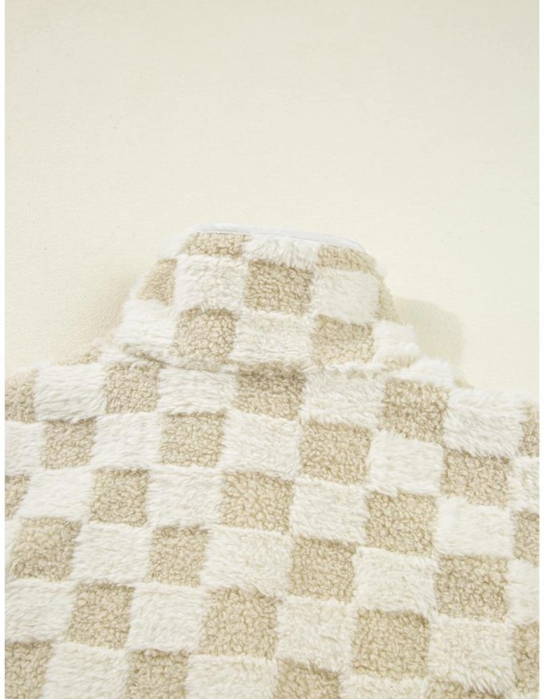 Khaki Sherpa Checkerboard Snap Button Vest Jacket With Pocket