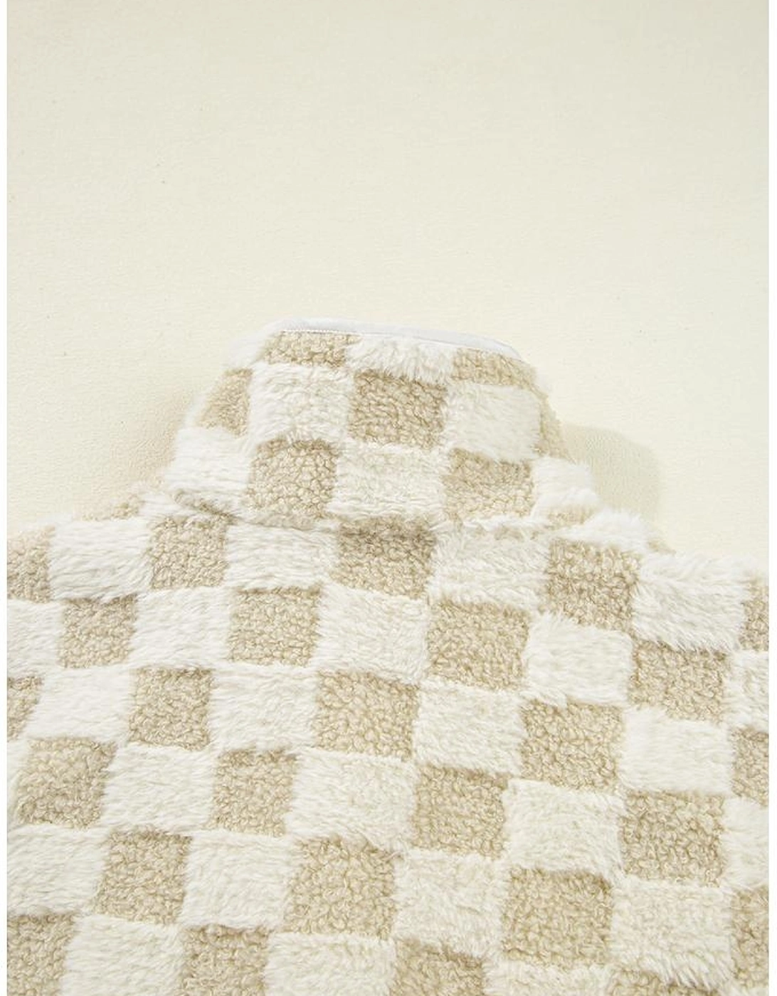 Khaki Sherpa Checkerboard Snap Button Vest Jacket With Pocket