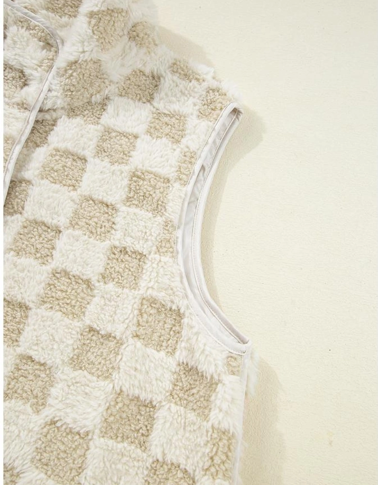 Khaki Sherpa Checkerboard Snap Button Vest Jacket With Pocket