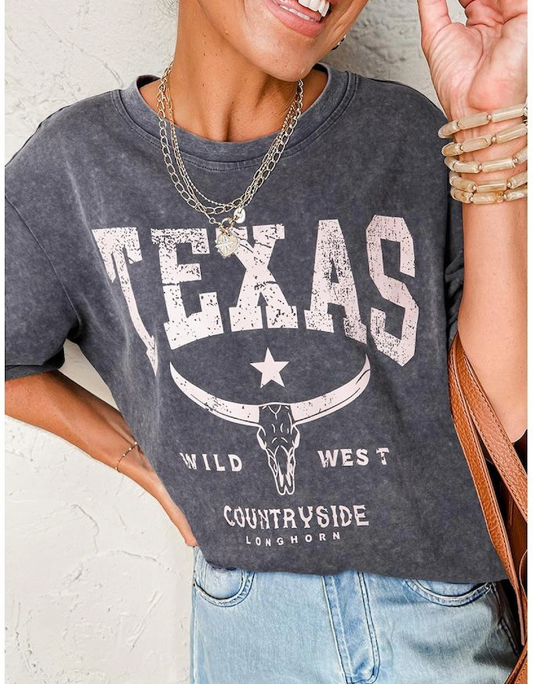 Medium Grey TEXAS Steer Head Graphic Mineral Wash Oversized T Shirt