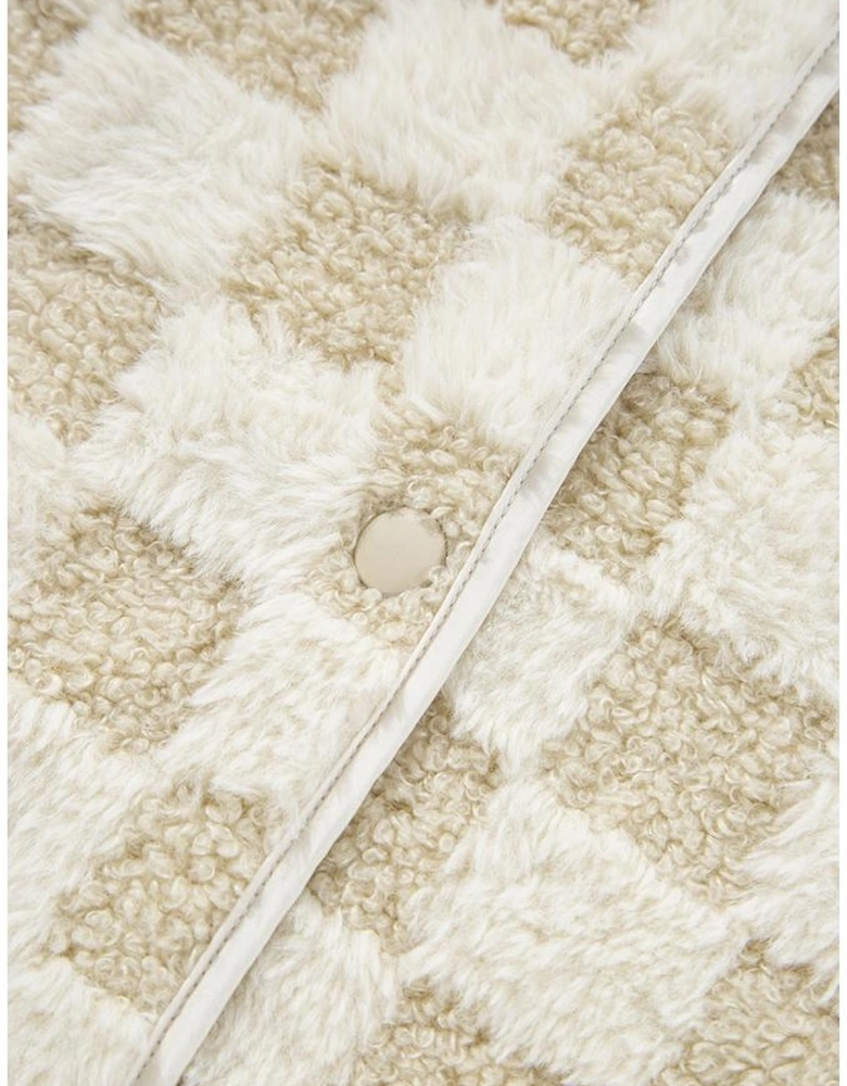 Khaki Sherpa Checkerboard Snap Button Vest Jacket With Pocket