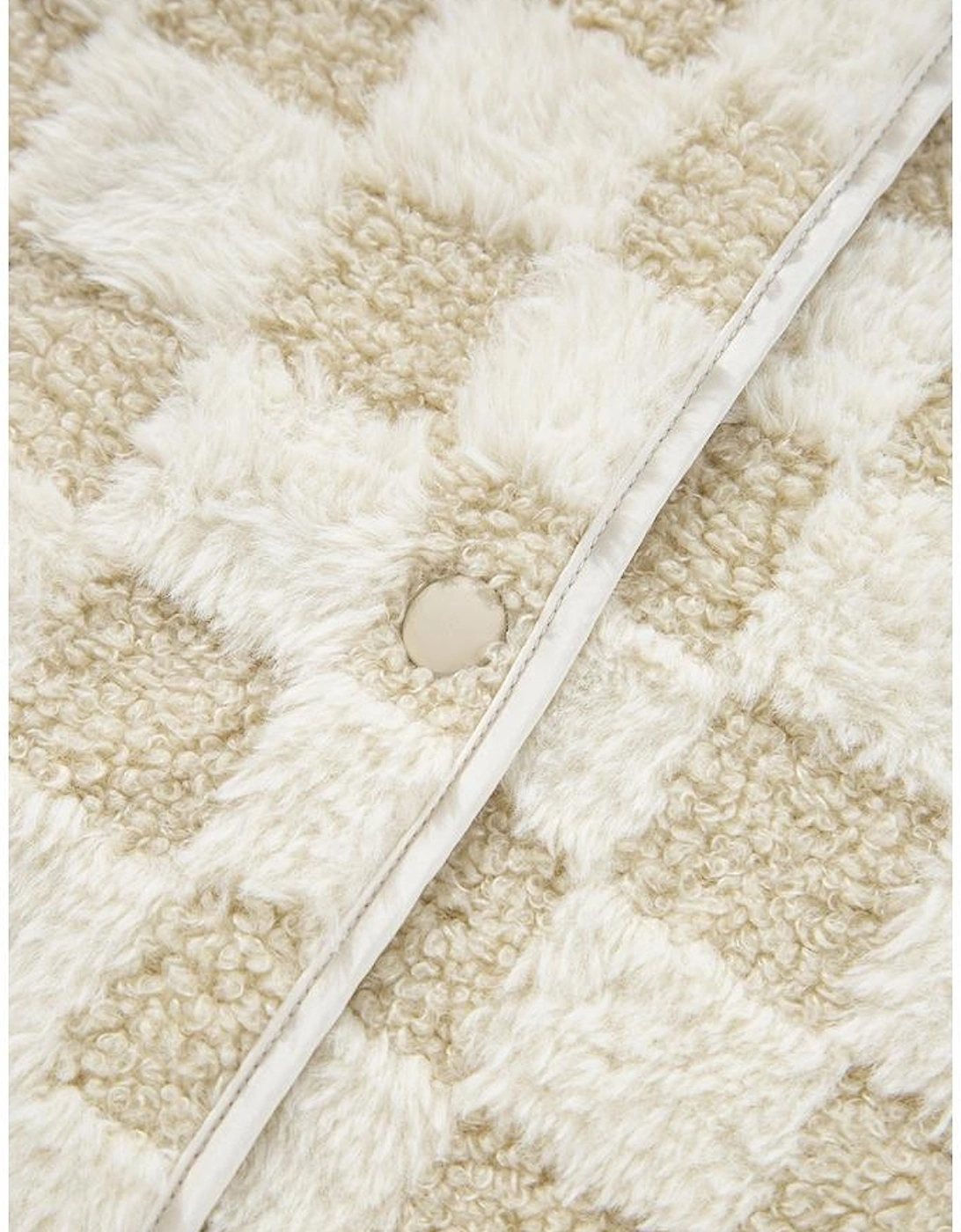 Khaki Sherpa Checkerboard Snap Button Vest Jacket With Pocket