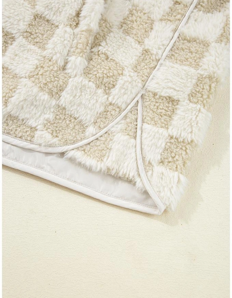 Khaki Sherpa Checkerboard Snap Button Vest Jacket With Pocket