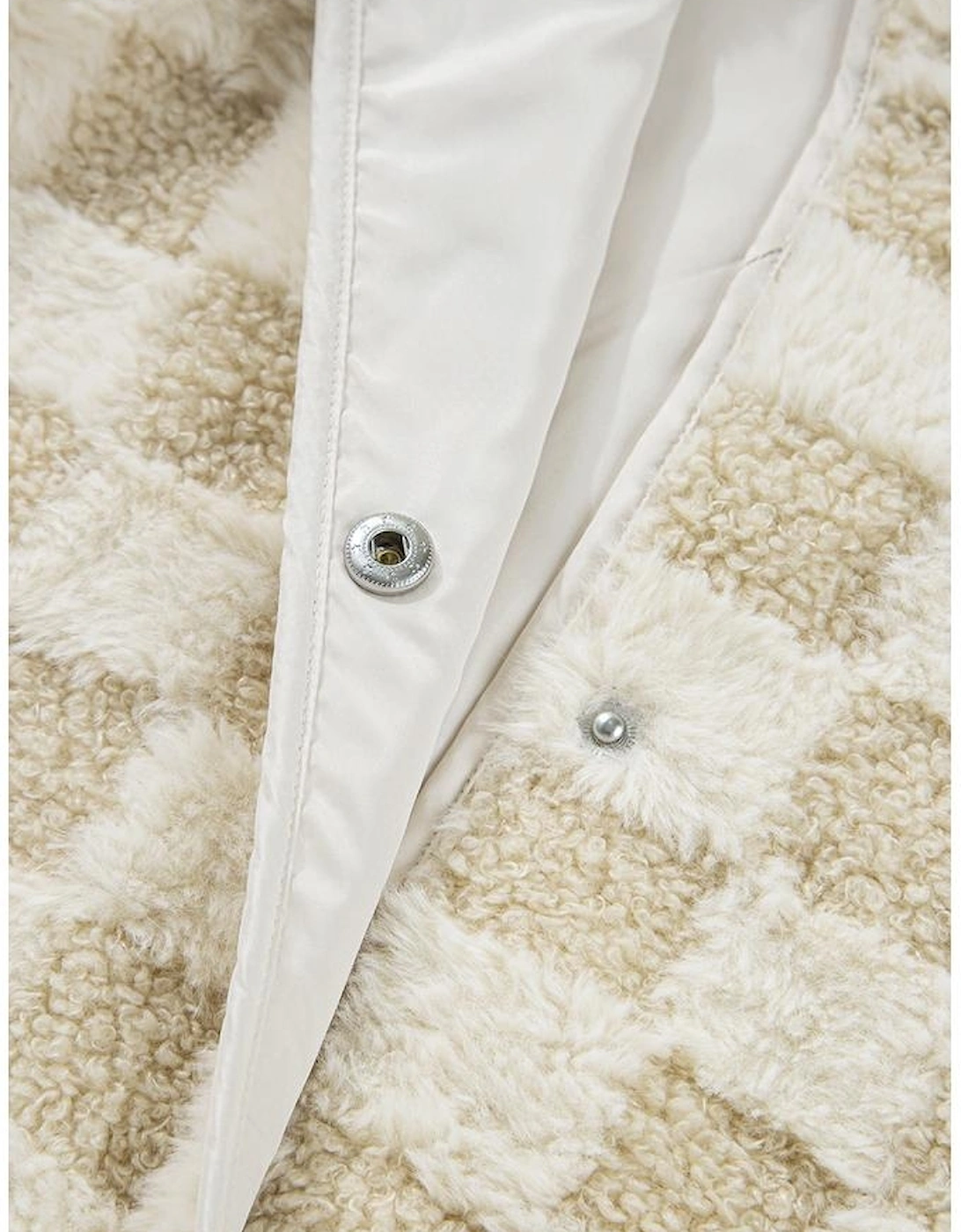 Khaki Sherpa Checkerboard Snap Button Vest Jacket With Pocket