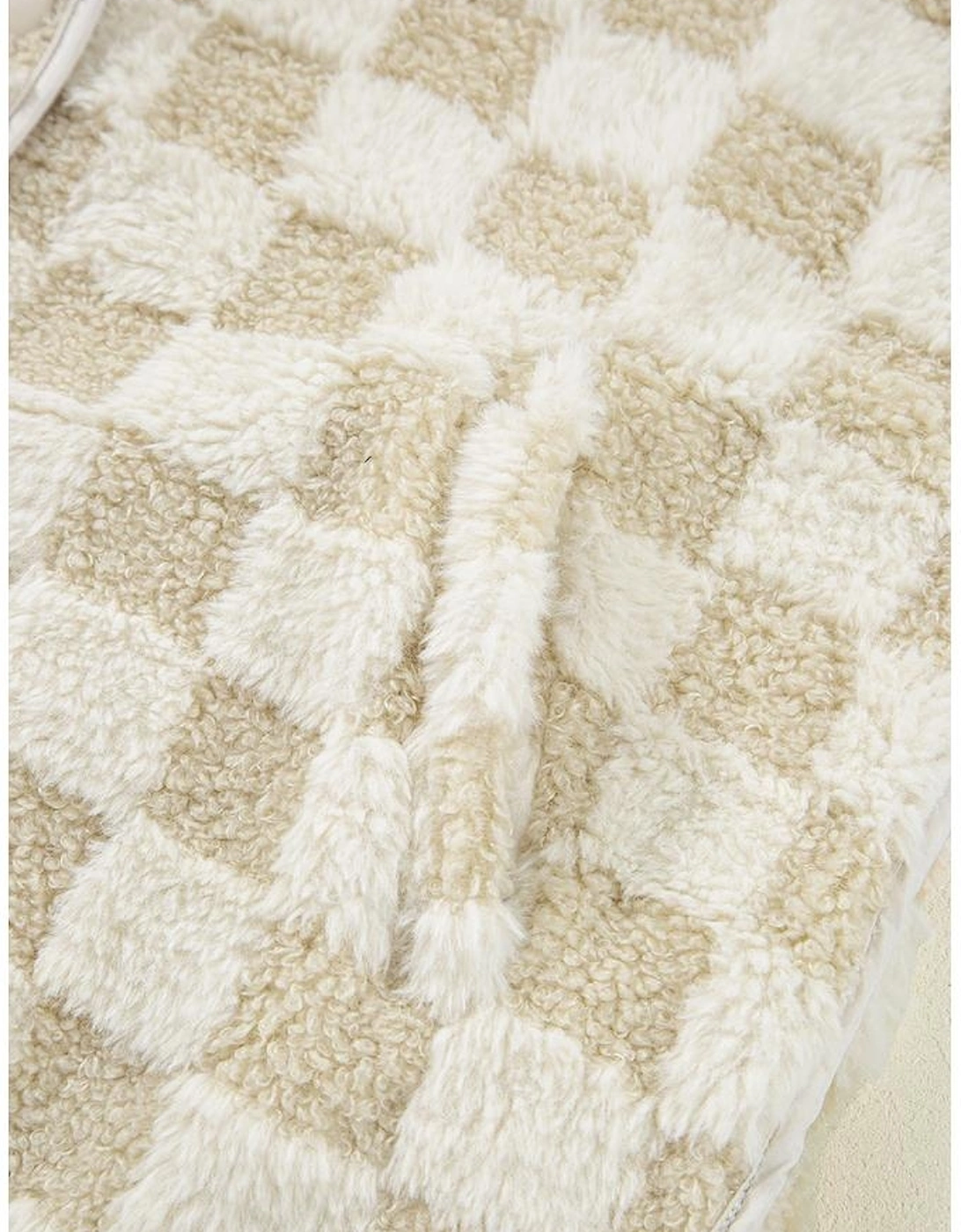 Khaki Sherpa Checkerboard Snap Button Vest Jacket With Pocket