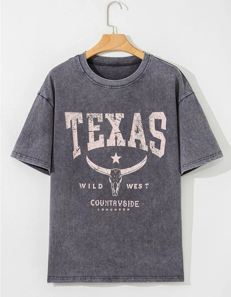 Medium Grey TEXAS Steer Head Graphic Mineral Wash Oversized T Shirt