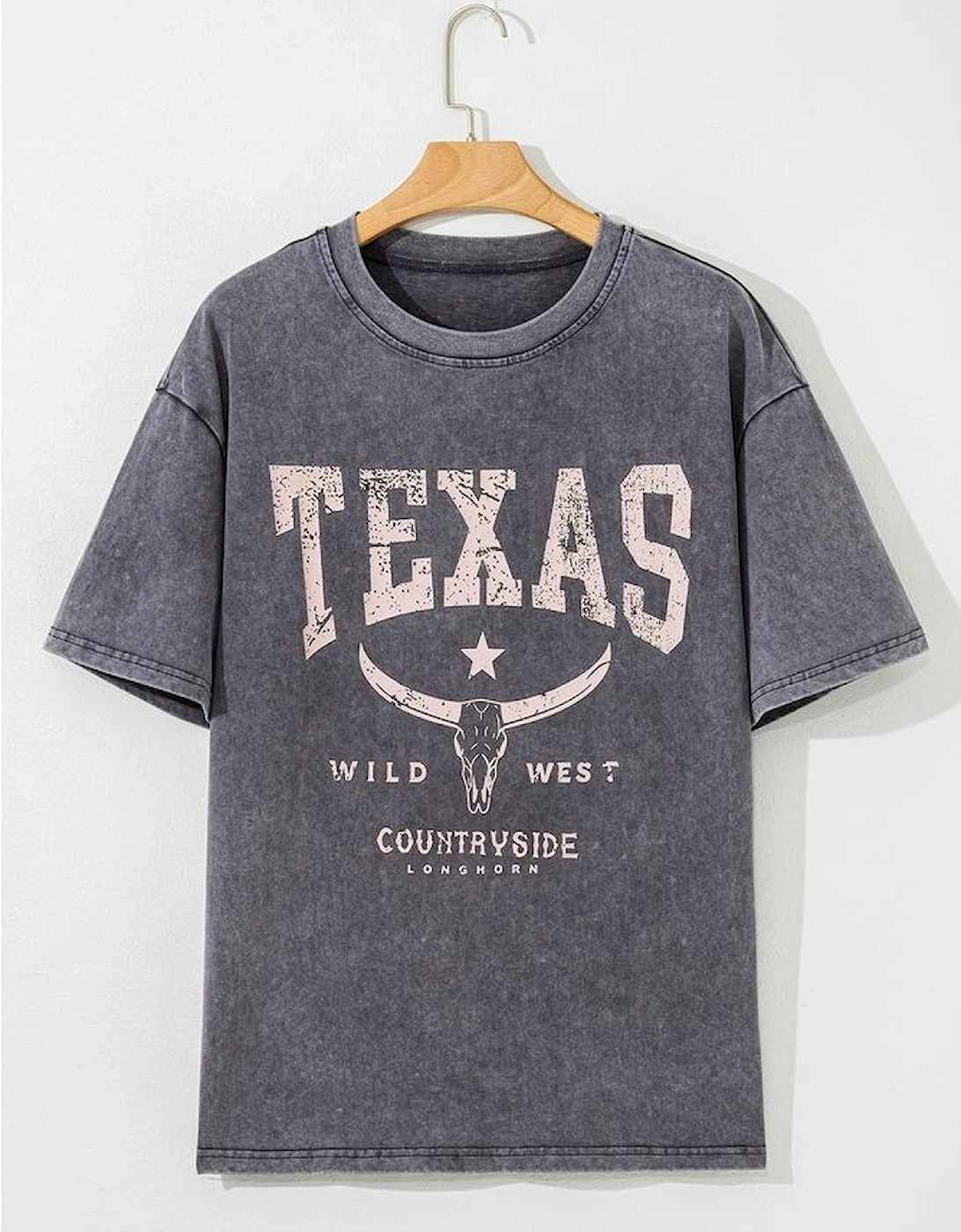 Medium Grey TEXAS Steer Head Graphic Mineral Wash Oversized T Shirt