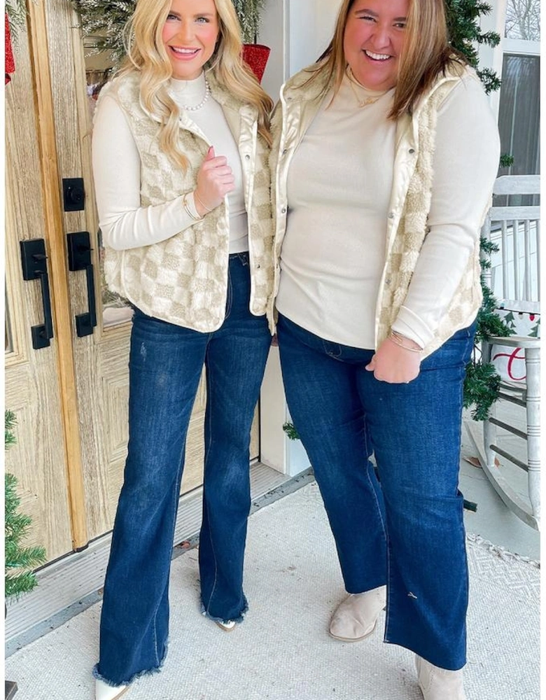 Khaki Sherpa Checkerboard Snap Button Vest Jacket With Pocket