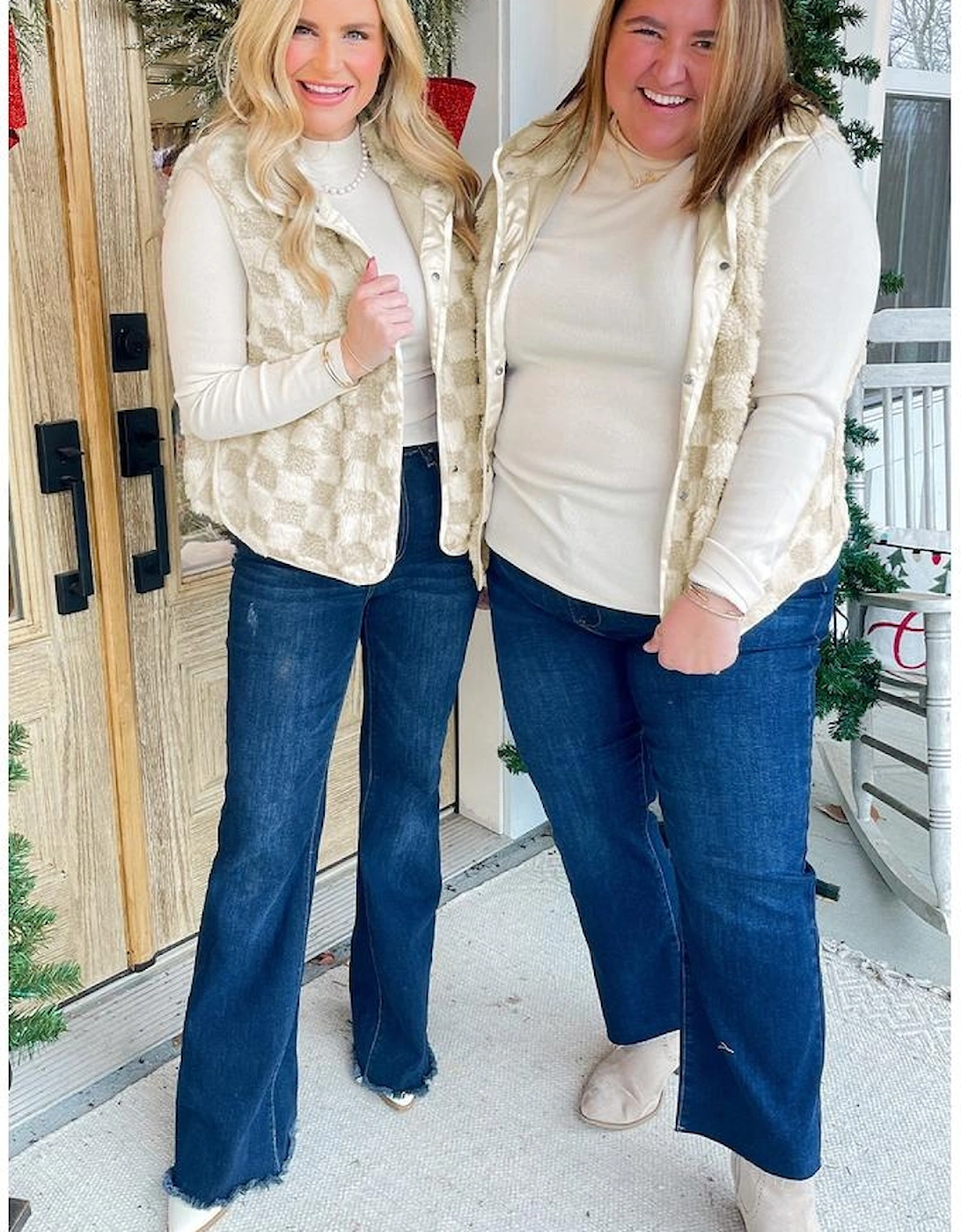 Khaki Sherpa Checkerboard Snap Button Vest Jacket With Pocket