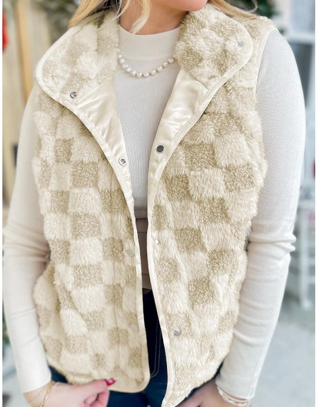 Khaki Sherpa Checkerboard Snap Button Vest Jacket With Pocket