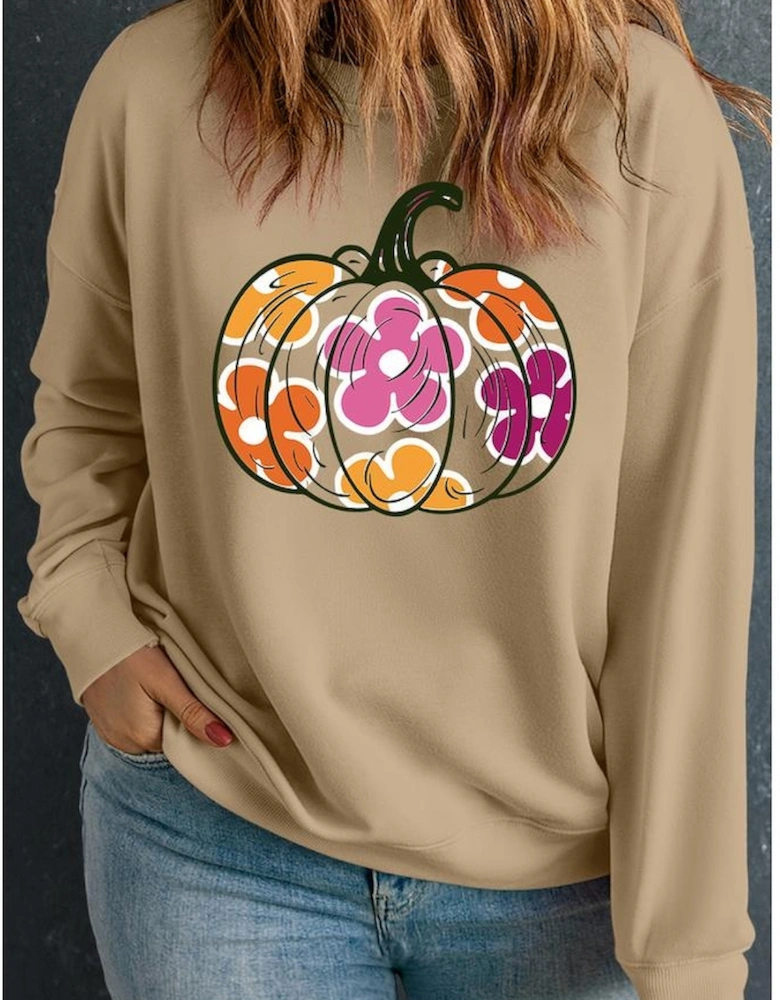 Apricot Plus Size Floral Pumpkin Print O Neck Halloween Sweatshirt
