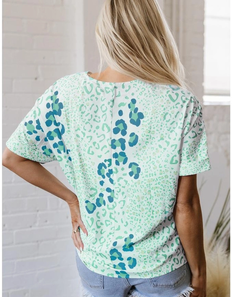 Green Mixed Leopard Print V Neck Short Sleeve Blouse