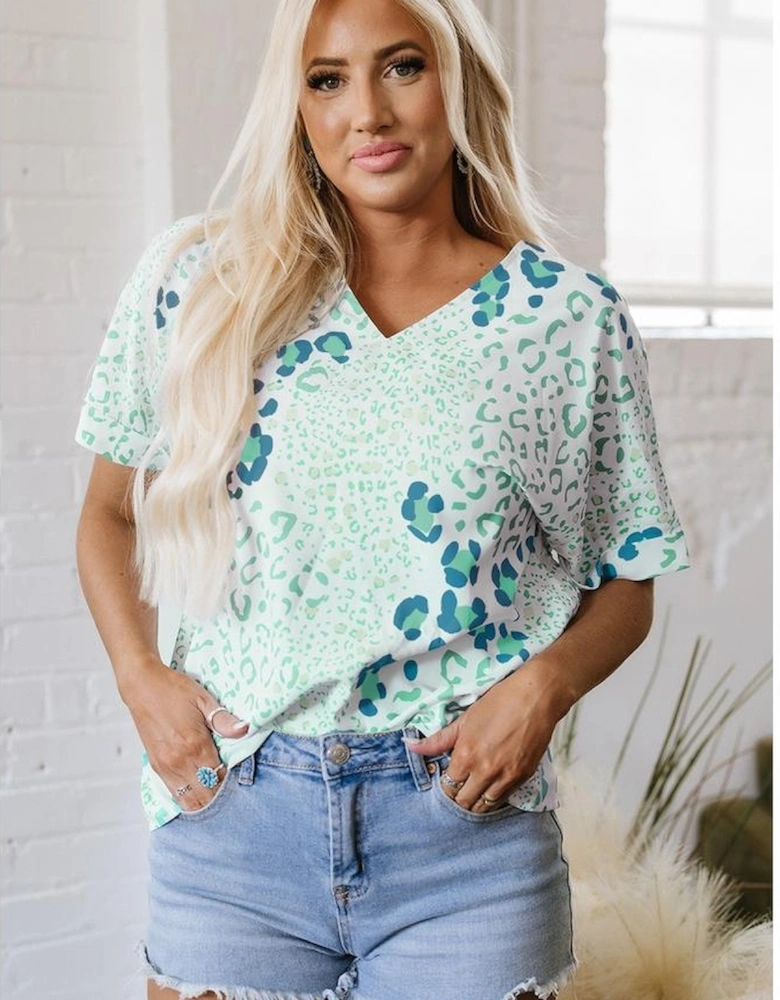 Green Mixed Leopard Print V Neck Short Sleeve Blouse