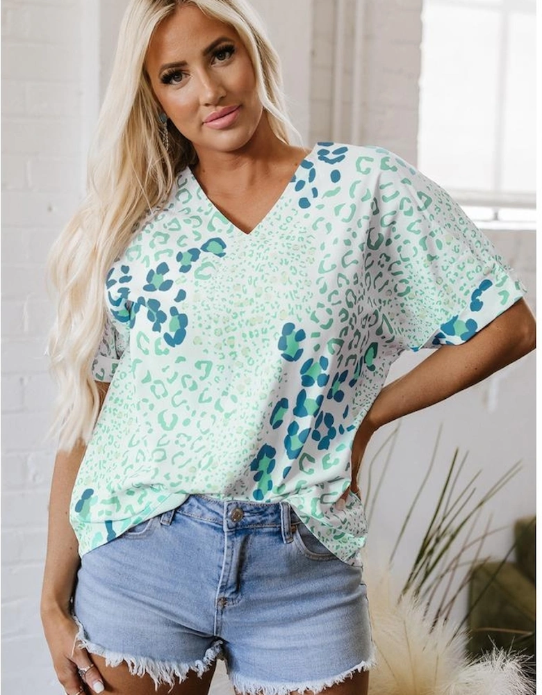 Green Mixed Leopard Print V Neck Short Sleeve Blouse