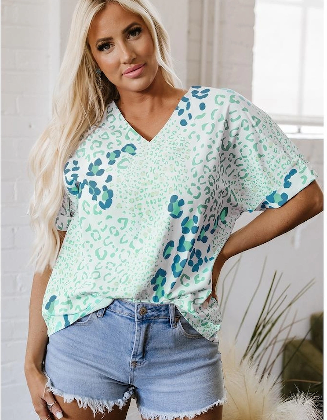 Green Mixed Leopard Print V Neck Short Sleeve Blouse