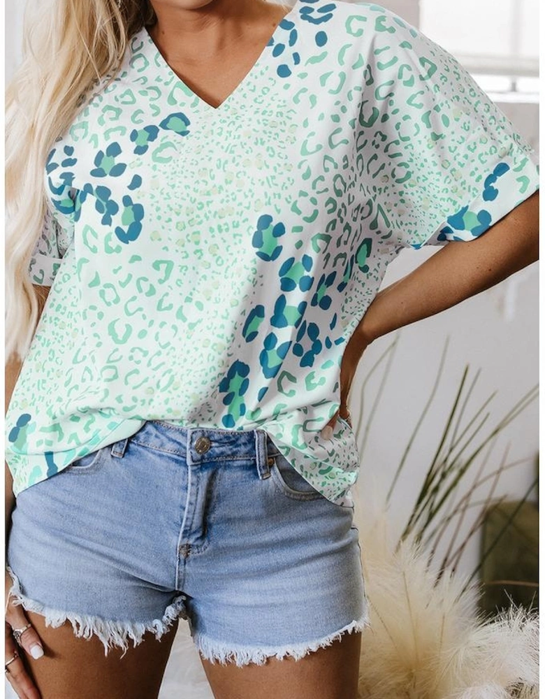 Green Mixed Leopard Print V Neck Short Sleeve Blouse