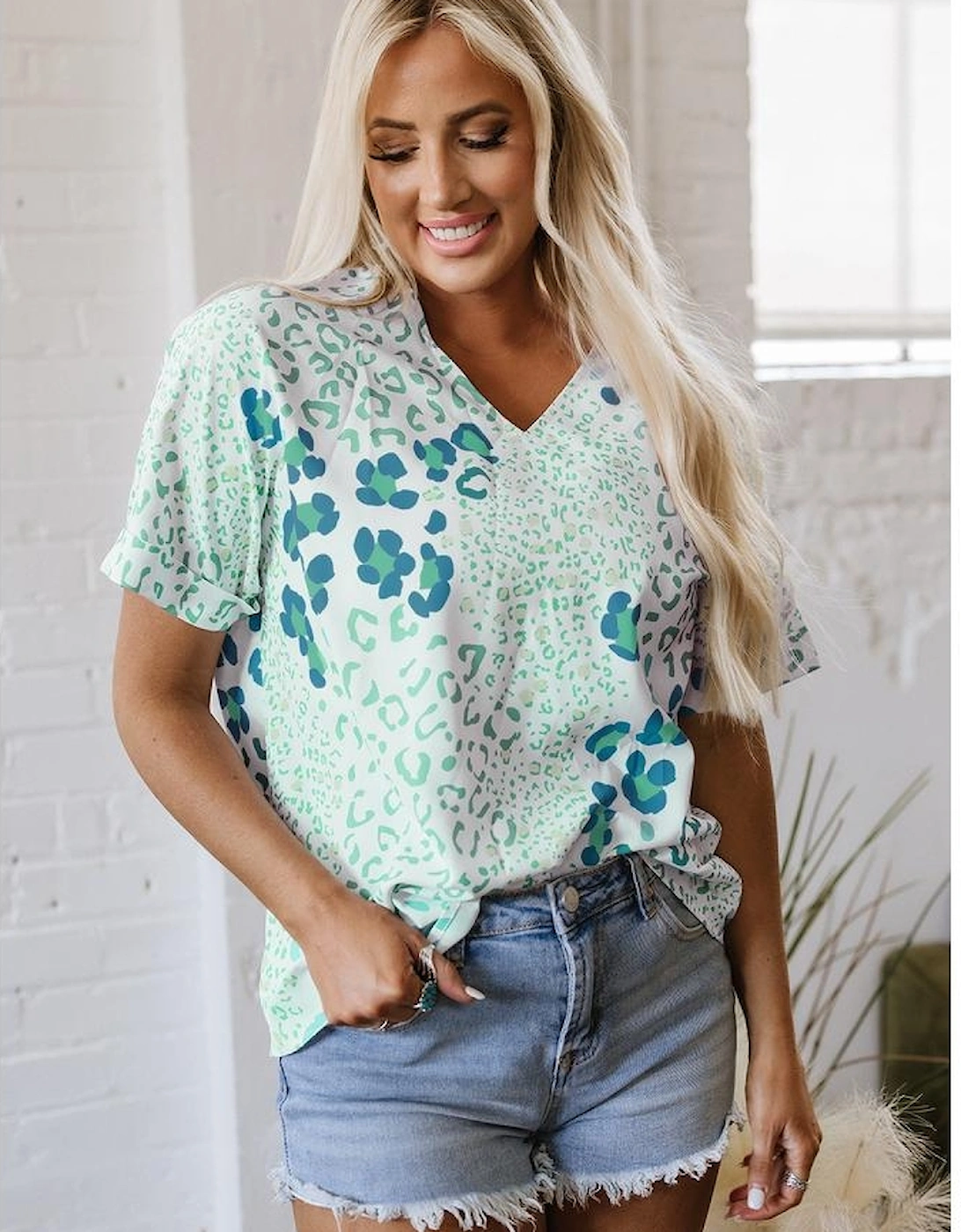 Green Mixed Leopard Print V Neck Short Sleeve Blouse