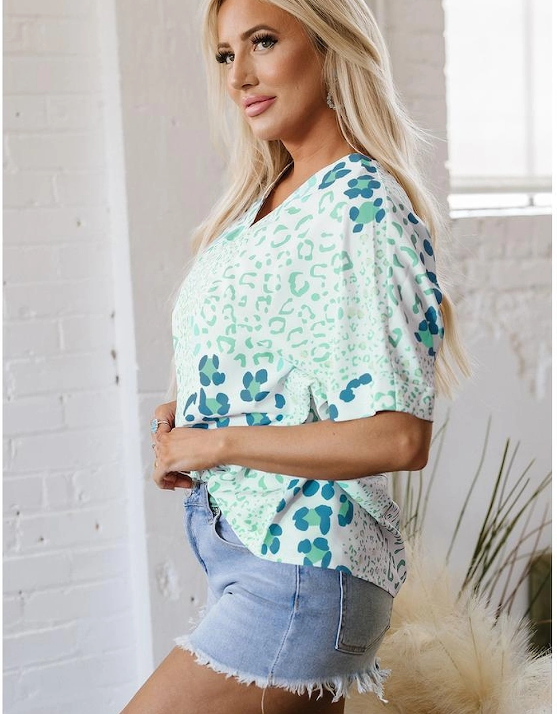Green Mixed Leopard Print V Neck Short Sleeve Blouse