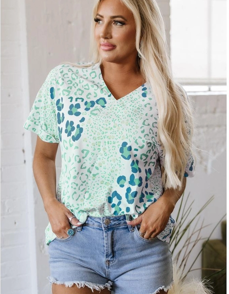 Green Mixed Leopard Print V Neck Short Sleeve Blouse