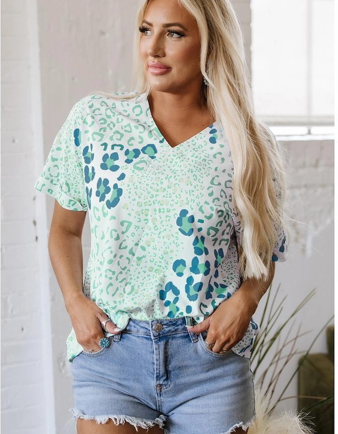 Green Mixed Leopard Print V Neck Short Sleeve Blouse