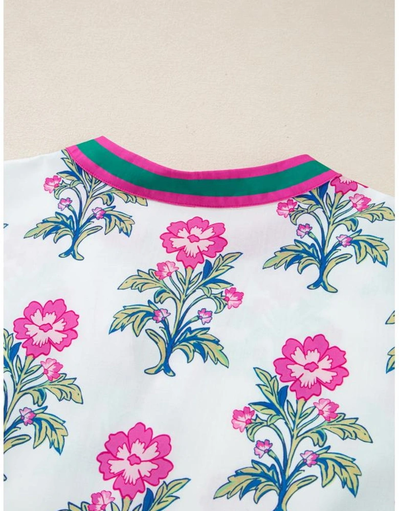 White Allover Print Contrast Split Neckline Short Puff Sleeve Curvy Dress