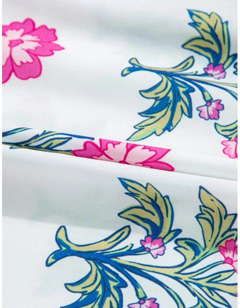 White Allover Print Contrast Split Neckline Short Puff Sleeve Curvy Dress