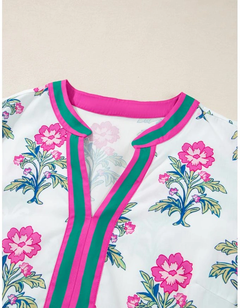 White Allover Print Contrast Split Neckline Short Puff Sleeve Curvy Dress