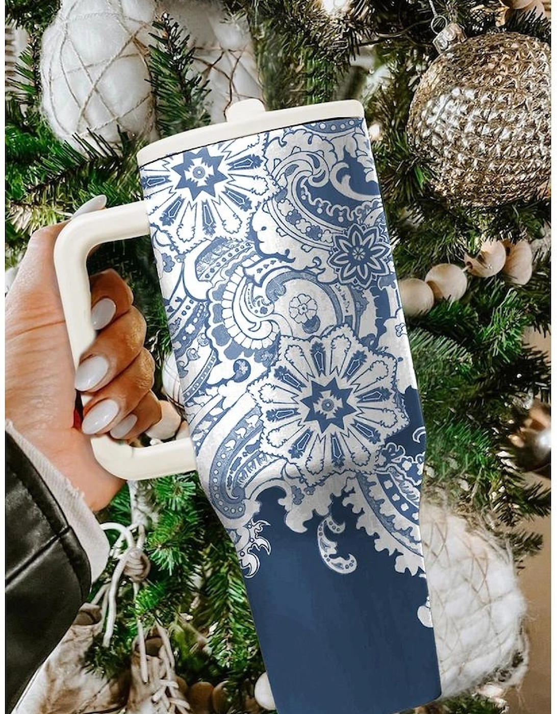 Sky Blue Vintage Pattern Print Stainless Steel Portable Cup 40oz