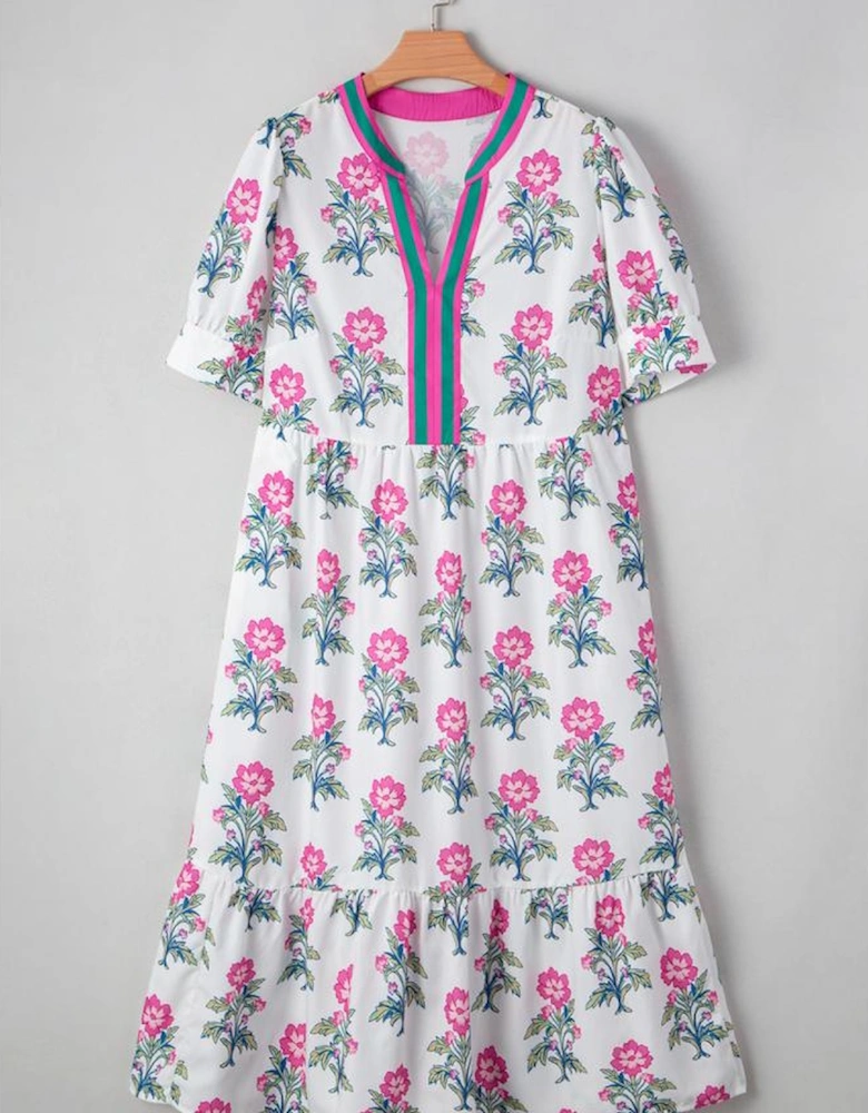 White Allover Print Contrast Split Neckline Short Puff Sleeve Curvy Dress