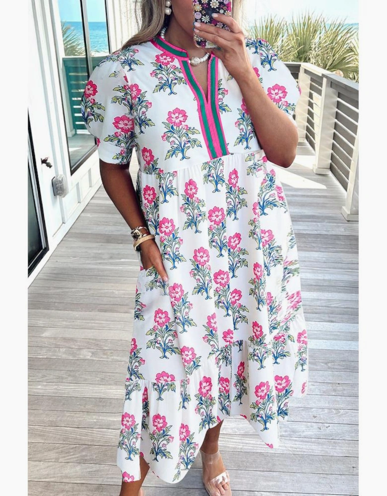 White Allover Print Contrast Split Neckline Short Puff Sleeve Curvy Dress