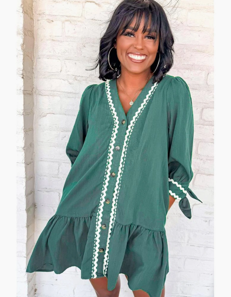 Canton Contrast Ricrac Trim Button V Neck Knotted Bracelet Sleeve Shift Dress