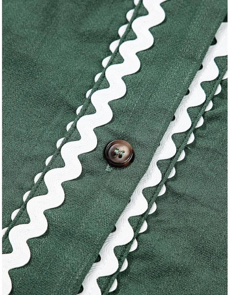 Canton Contrast Ricrac Trim Button V Neck Knotted Bracelet Sleeve Shift Dress