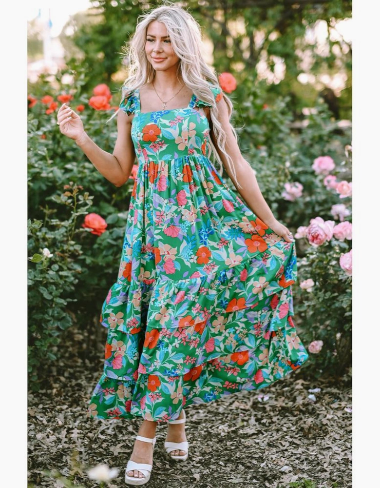 Green Floral Print Sleeveless Ruffle Tiered Maxi Dress