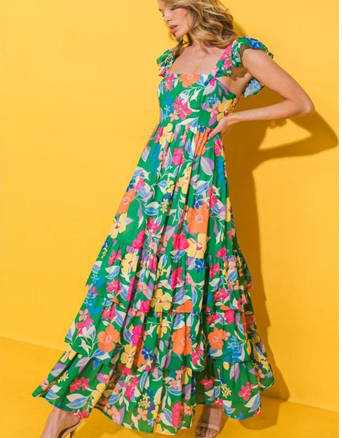 Green Floral Print Sleeveless Ruffle Tiered Maxi Dress