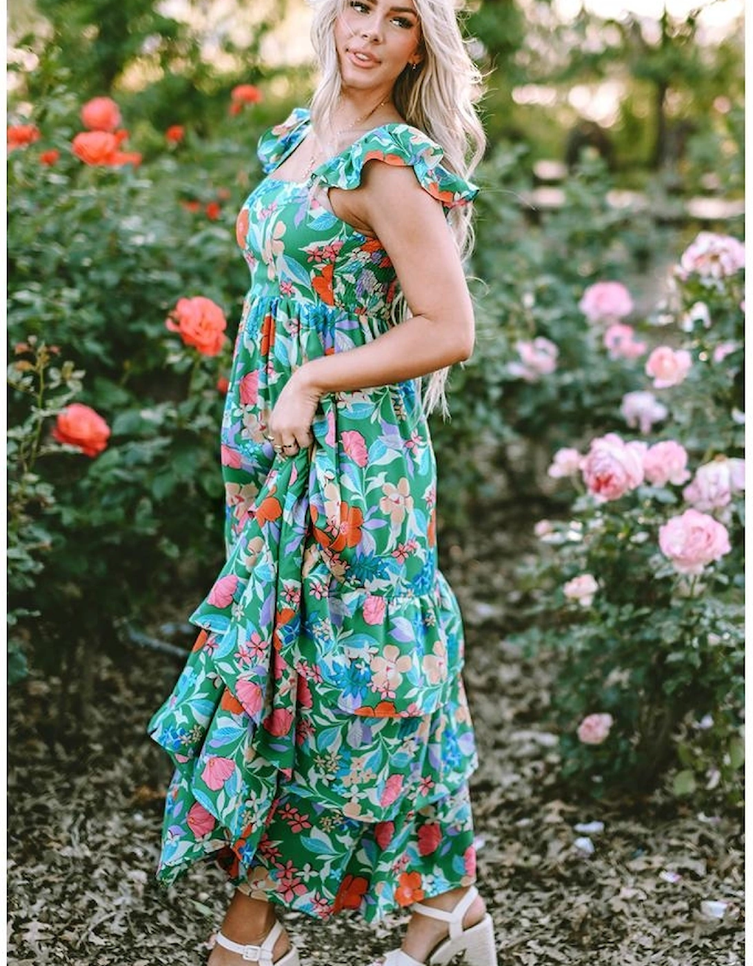 Green Floral Print Sleeveless Ruffle Tiered Maxi Dress
