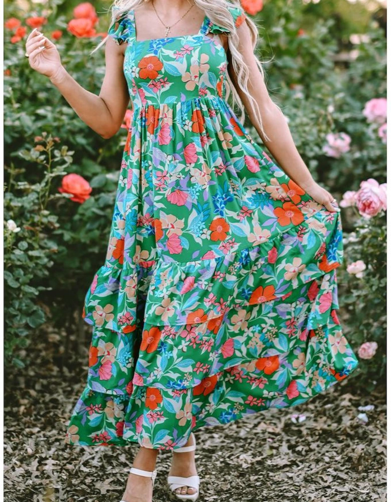 Green Floral Print Sleeveless Ruffle Tiered Maxi Dress