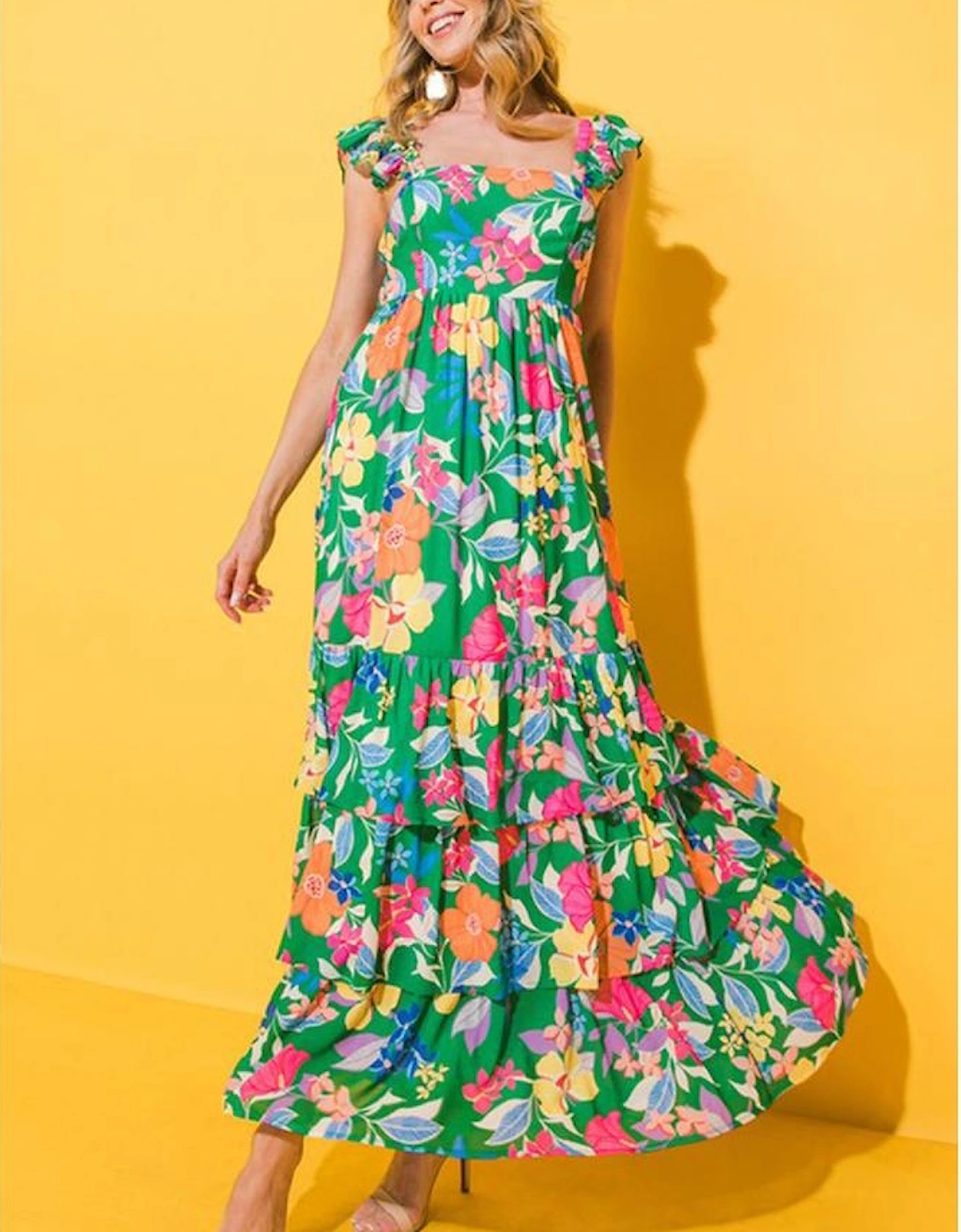 Green Floral Print Sleeveless Ruffle Tiered Maxi Dress